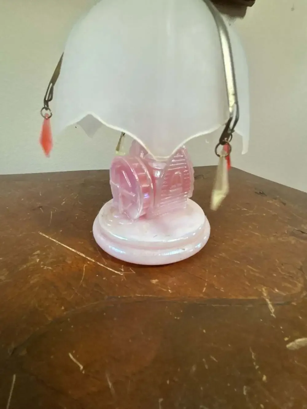 Vintage Pink Iridescent Milk Glass Water Mill Scent Lamp with Shade